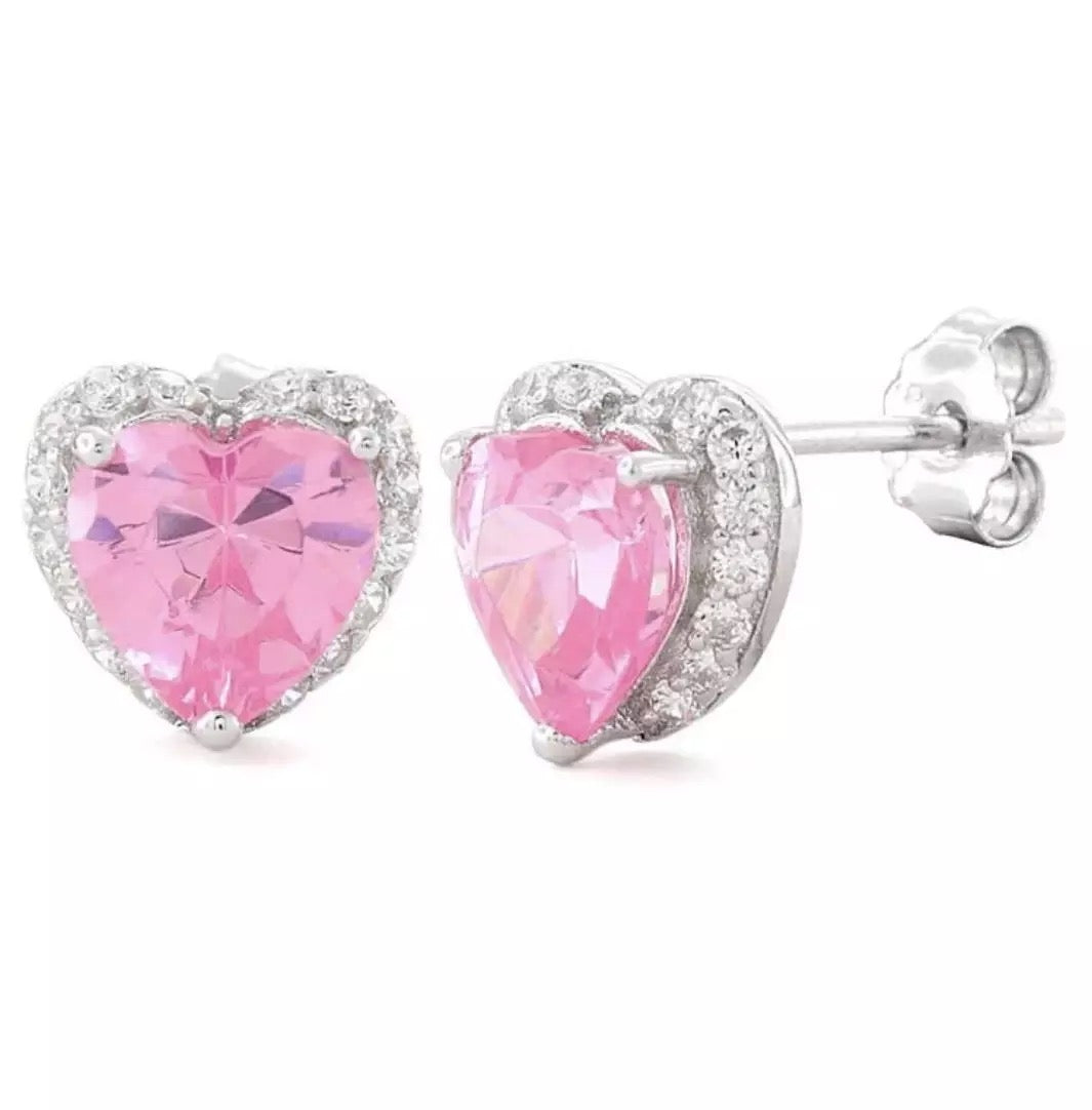 Pendientes de circonita cúbica con corazones rosas