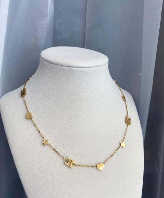 Gold Stainless Steel Stars n Hearts Necklace