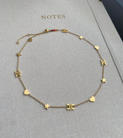 Gold Stainless Steel Stars n Hearts Necklace