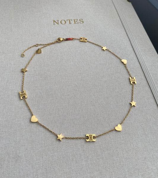 Gold Stainless Steel Stars n Hearts Necklace
