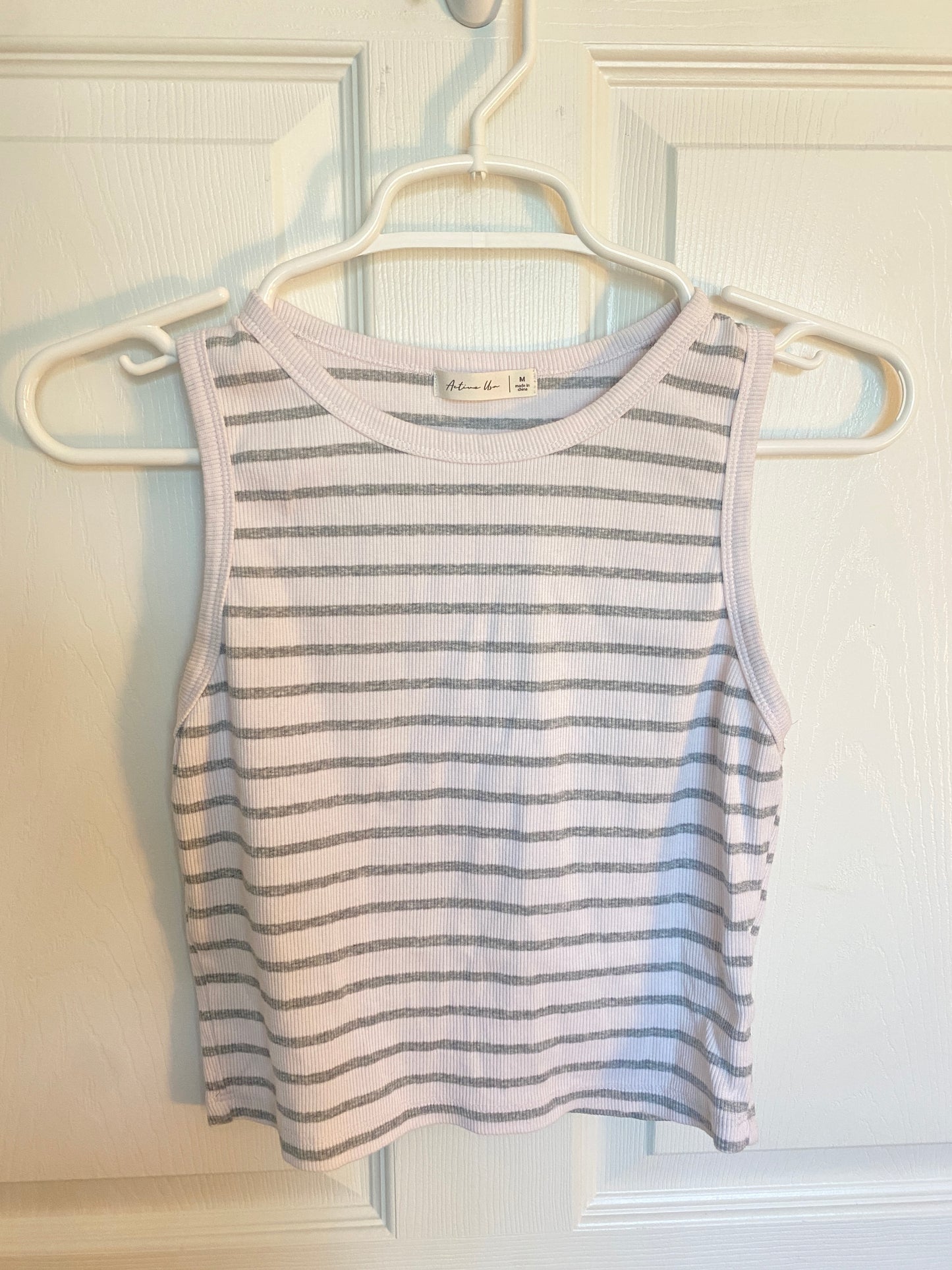 White & Grey Striped Short Sleeve Top