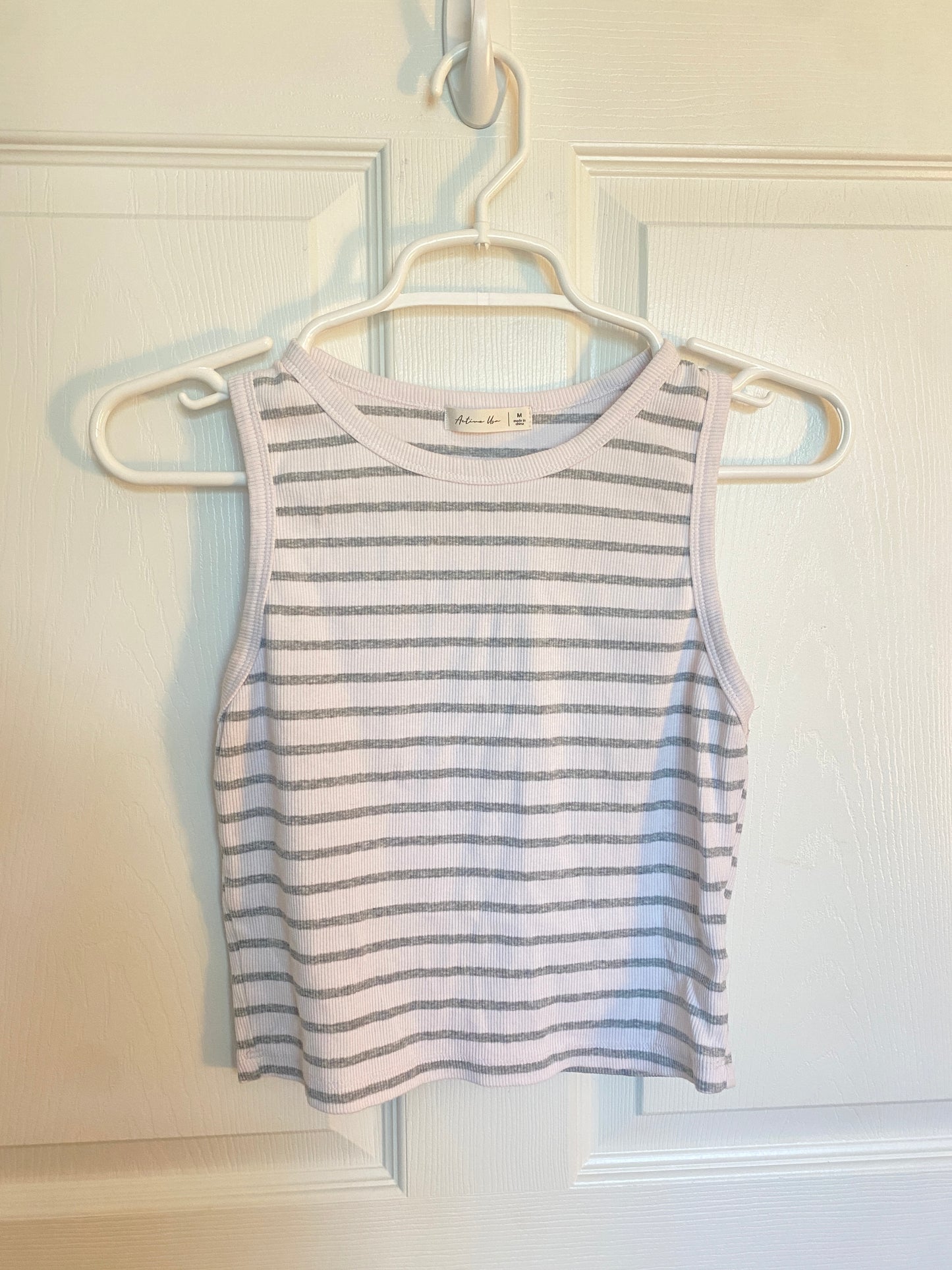 White & Grey Striped Short Sleeve Top