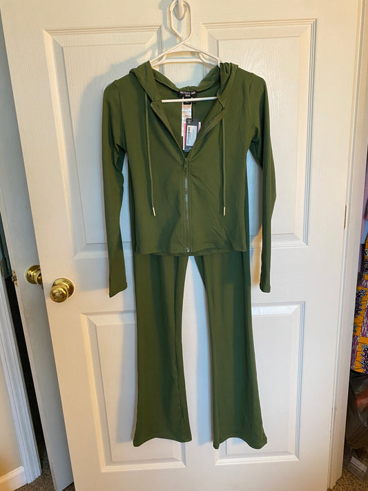 Olive Green Hoodie & Flared Pant Set