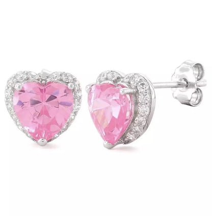 Pendientes de circonita cúbica con corazones rosas